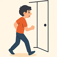ドアに向かい歩く男性