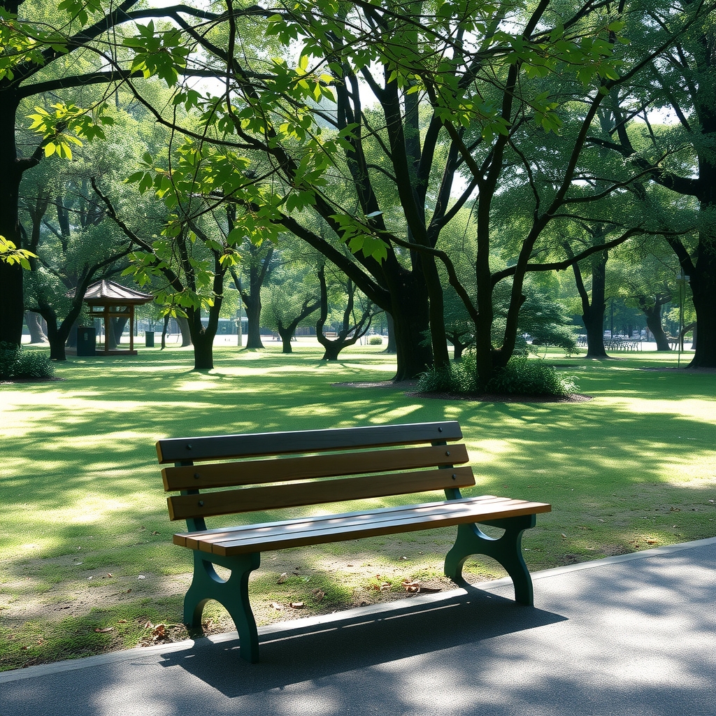 朝の公園に置かれた誰もいないベンチ