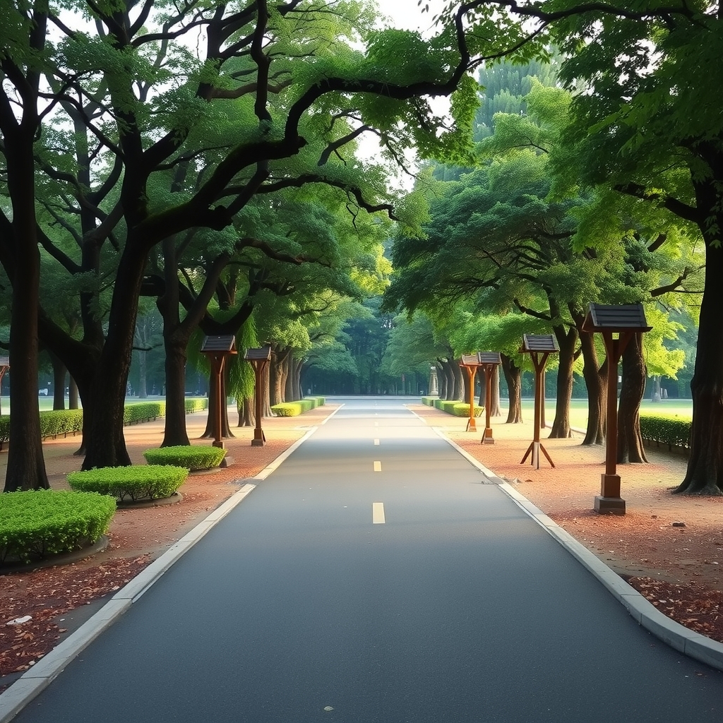 静かな公園で緩やかに二手に分かれる小道