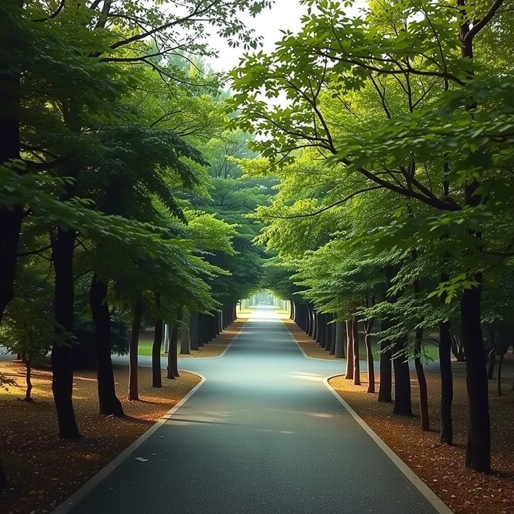 静かな公園で緩やかに二手に分かれる小道