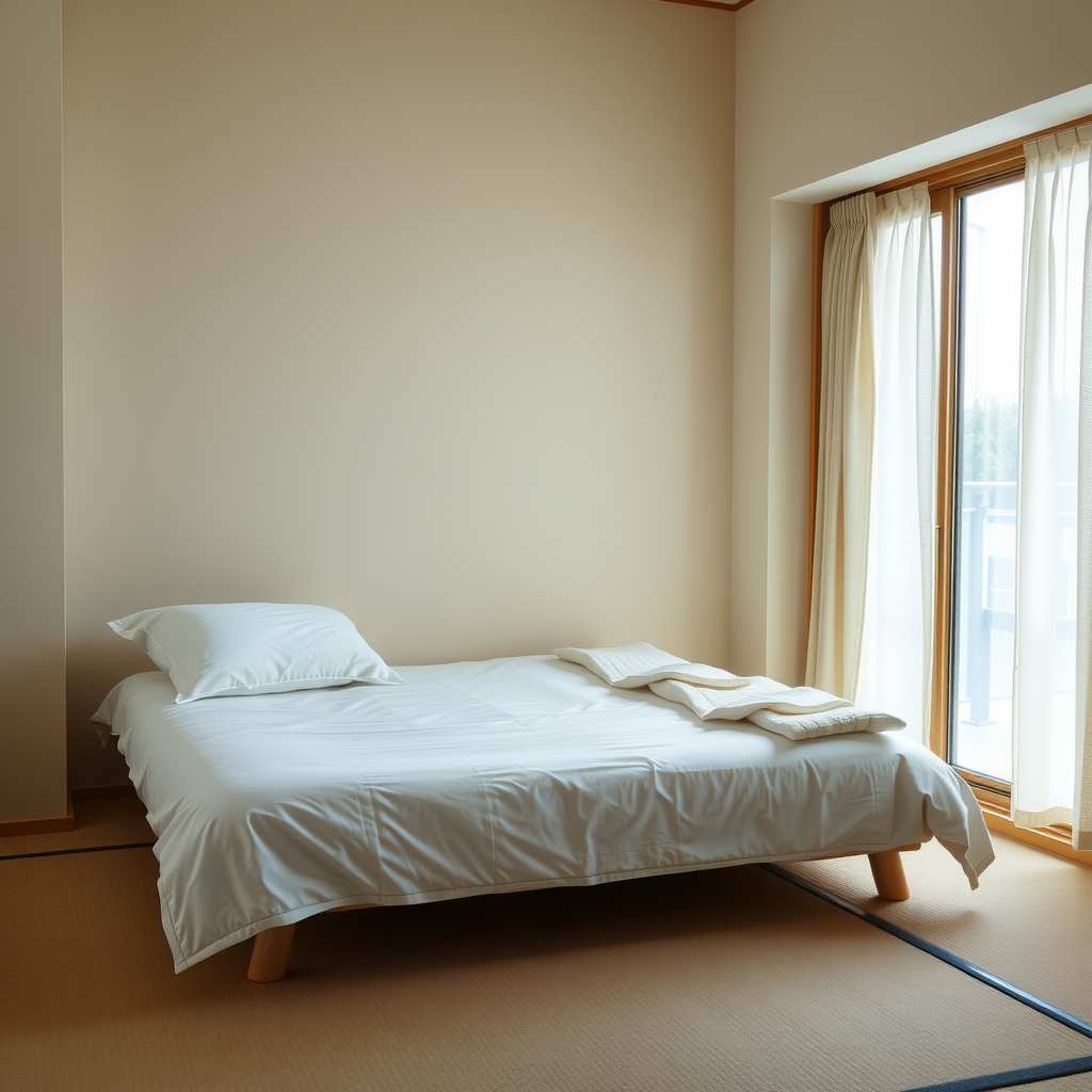 朝の光が差し込む静かな寝室と整えられた寝具